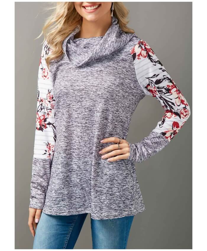 Patchwork Cowl Neck Flower Print T Shirt